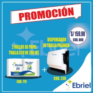 DISPENSADOR DE TOALLA + 2 ROLLOS DE PAPEL TOALLA ECO DE 200 MT.