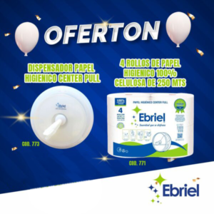 oferton.png DISPENSADOR PAPEL HIGIÉNICO CENTER PULL + 4 ROLLOS DE PAPEL HIGIÉNICO 100% CELULOSA DE 250 MT
